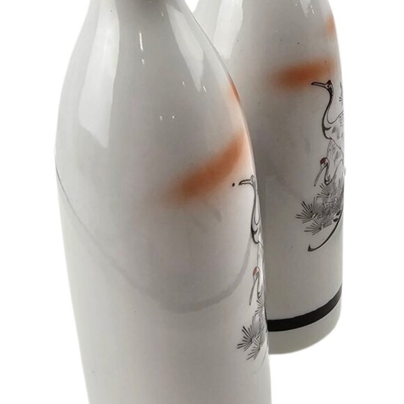 Vtg Japanese Sake Bottle Vase Porcelain Hand Painted 7” With Crane and Pine Tree - Picture 3 of 6